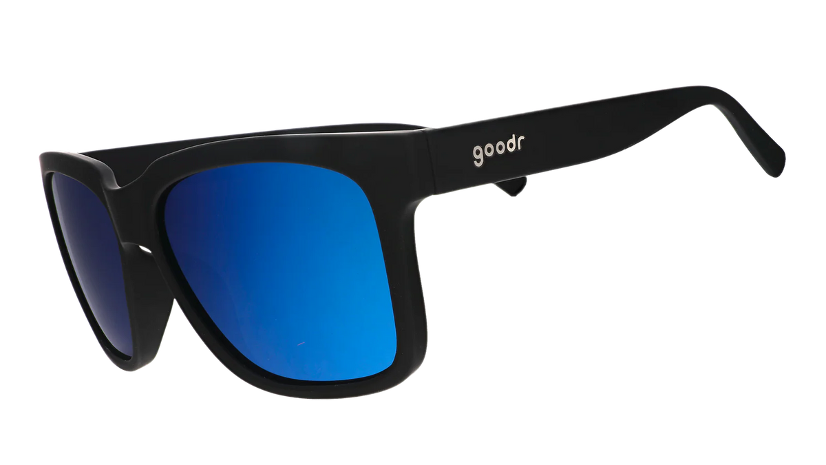 Black sunglasses with blue reflective lenses. Water repellent and capable of floating.
