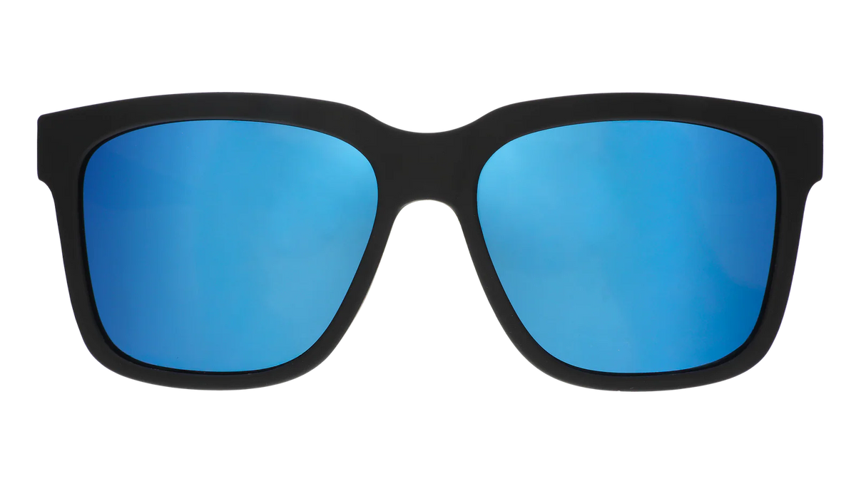 Black sunglasses with blue reflective lenses. Water repellent and capable of floating.
