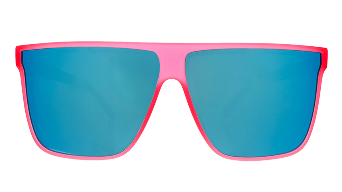 Hot pink sunglasses with mirrored reflective lenses in teal. Flat-top frames with a wider fit. No slip, no bounce, all polarised.