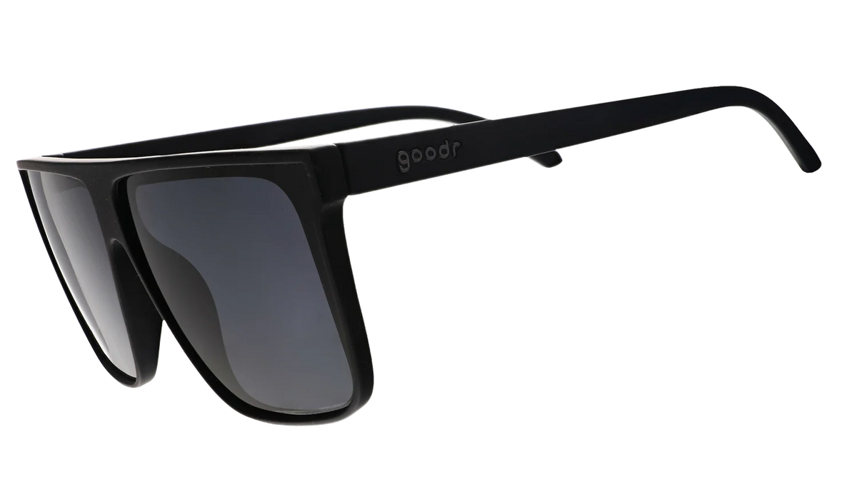 Black wide-fit, oversized sunglasses with non-reflective lenses. No slip, no bounce, all polarised.
