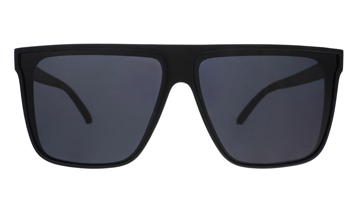 Black wide-fit, oversized sunglasses with non-reflective lenses. No slip, no bounce, all polarised.