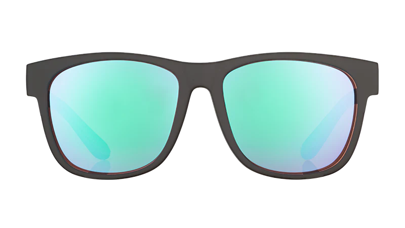 Product close up of large, square-shaped black sunglasses with high contrast lenses.
