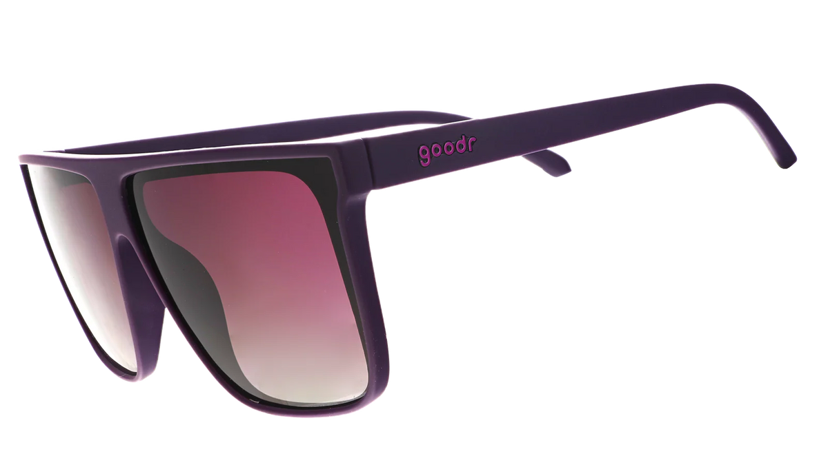 Oversized flat-top dark purple sunglasses with gradient lenses. No slip, no bounce, all polarised.