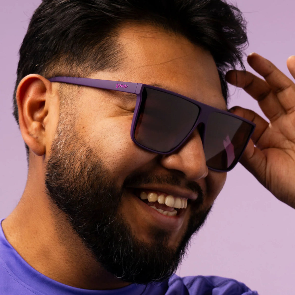 Style and fit showcase of oversized flat-top dark purple sunglasses with gradient lenses. No slip, no bounce, all polarised.