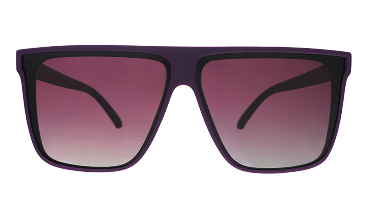 Oversized flat-top dark purple sunglasses with gradient lenses. No slip, no bounce, all polarised.