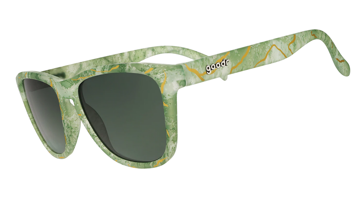 Marbled green square shaped sunglasses with a prominent golden line pattern, reminiscent of Kintsugi. 