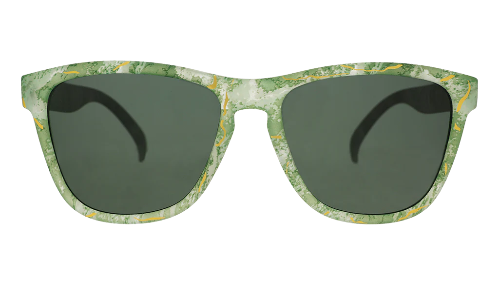 Marbled green square shaped sunglasses with a prominent golden line pattern, reminiscent of Kintsugi. 
