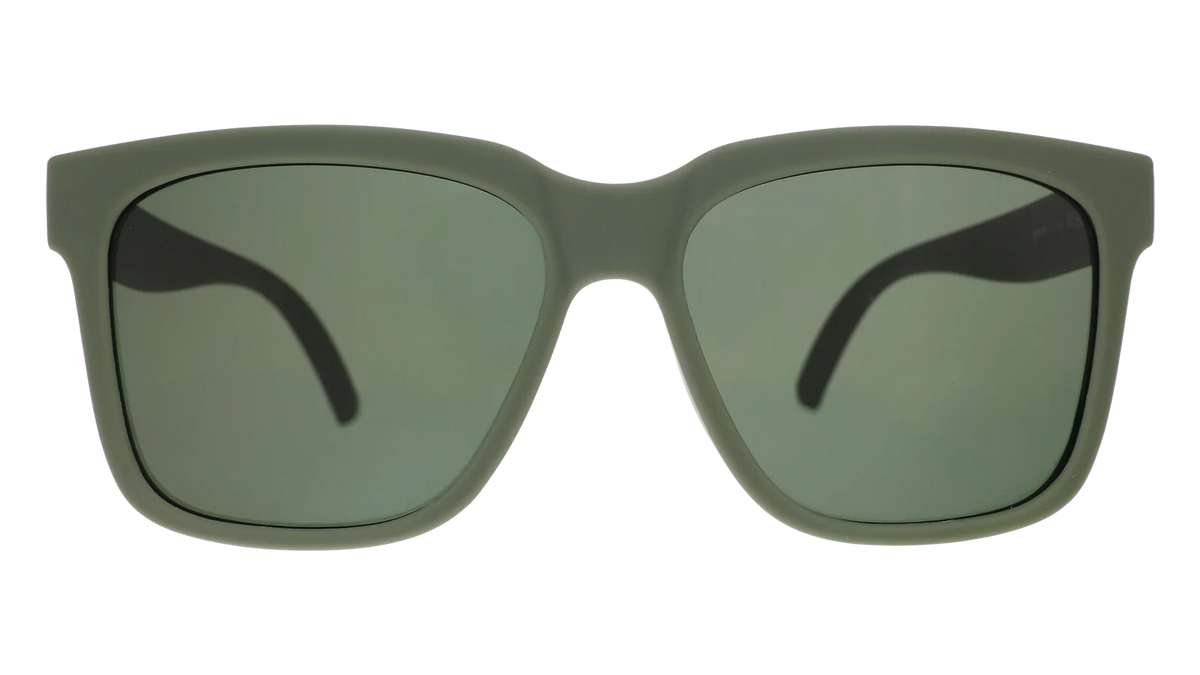 Dark green polarised sunglasses with non-reflective lenses. Water repellent and capable of floating.