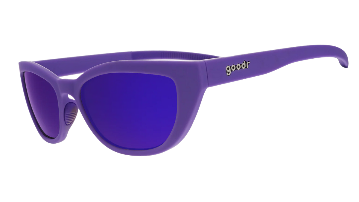 Deep purple sunglasses with a cat-eye shape. Purple reflective lenses.