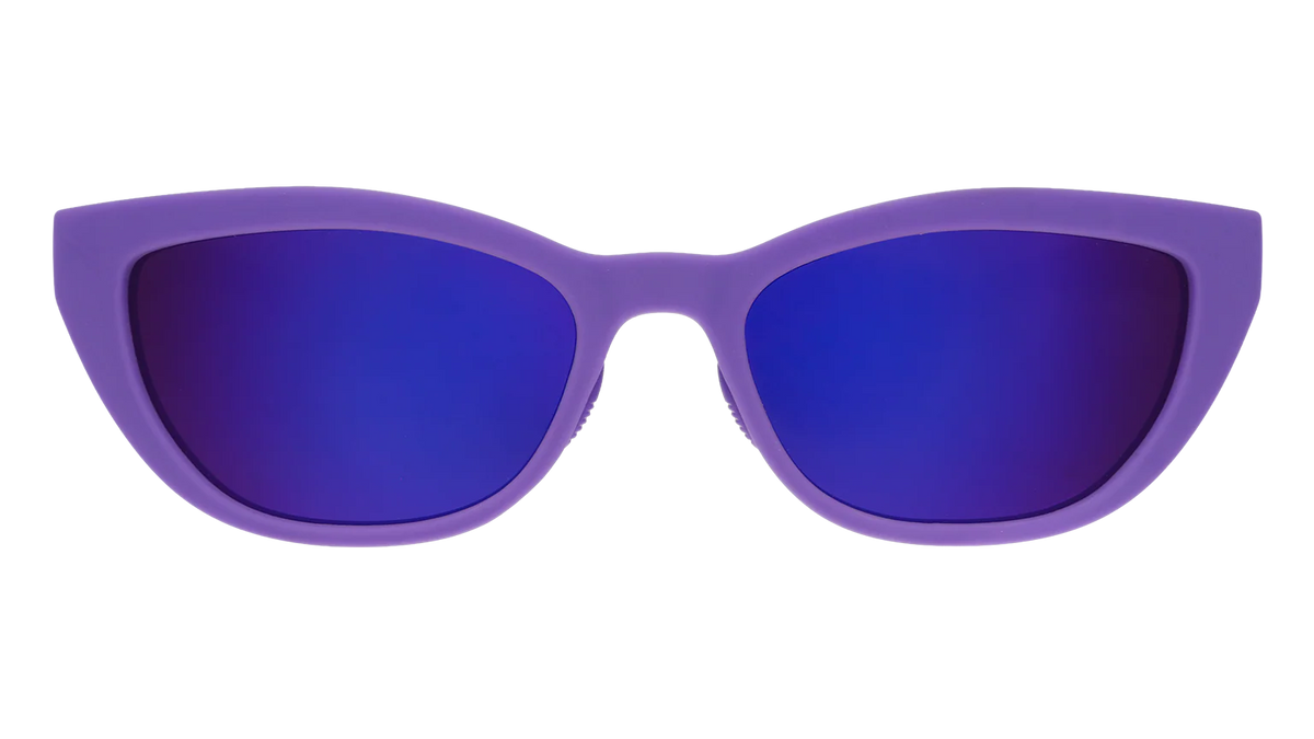 Deep purple sunglasses with a cat-eye shape. Purple reflective lenses.