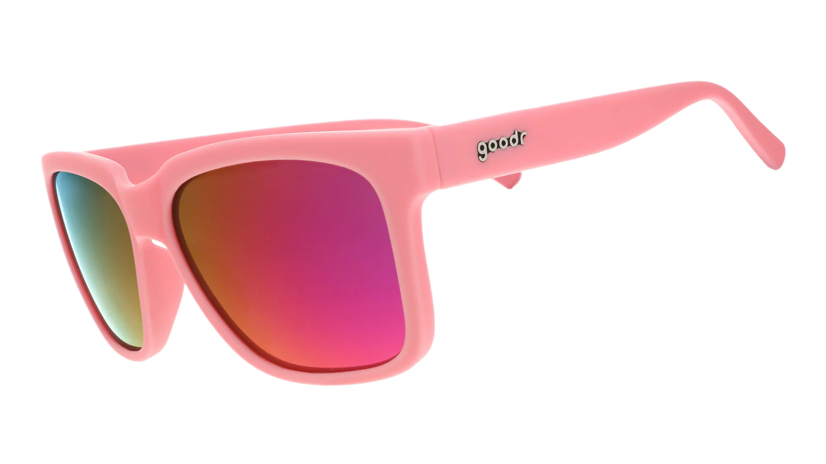 Pink sunglasses with mirrored reflective lenses. Water repellent and capable of floating.