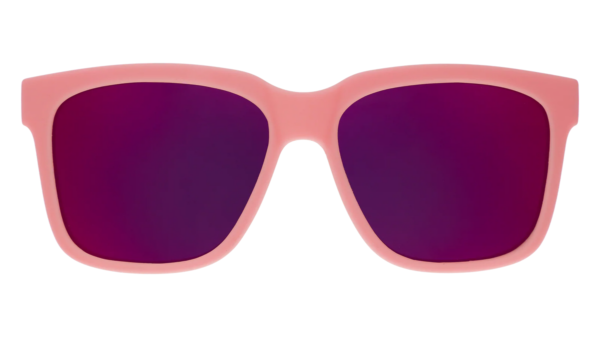 Pink sunglasses with mirrored reflective lenses. Water repellent and capable of floating.