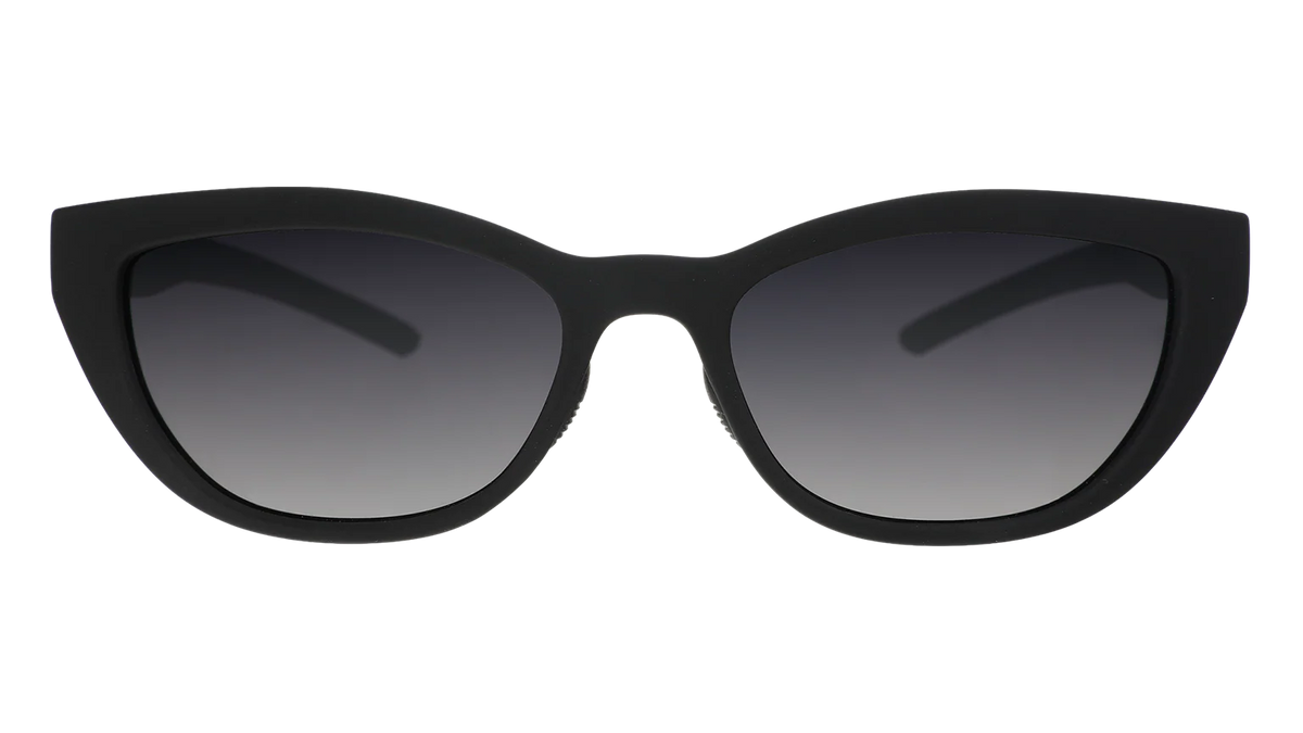 Black sunglasses with dark, gradient lenses. Simple and stylish cat-eye frames.