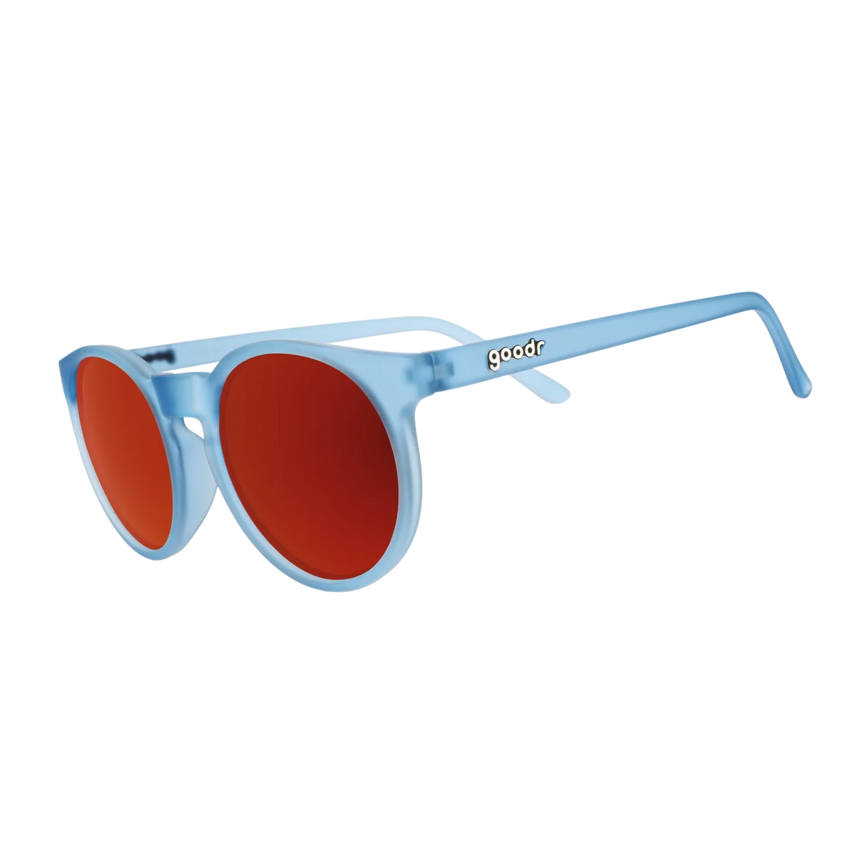 Product close up of circle-framed sunglasses, featuring light blue frames and red reflective lenses.