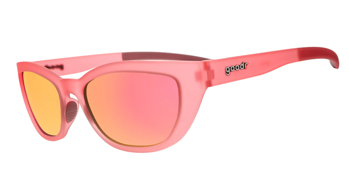 Pink sunglasses with a cat-eye shape. Pink champagne mirrored lenses.