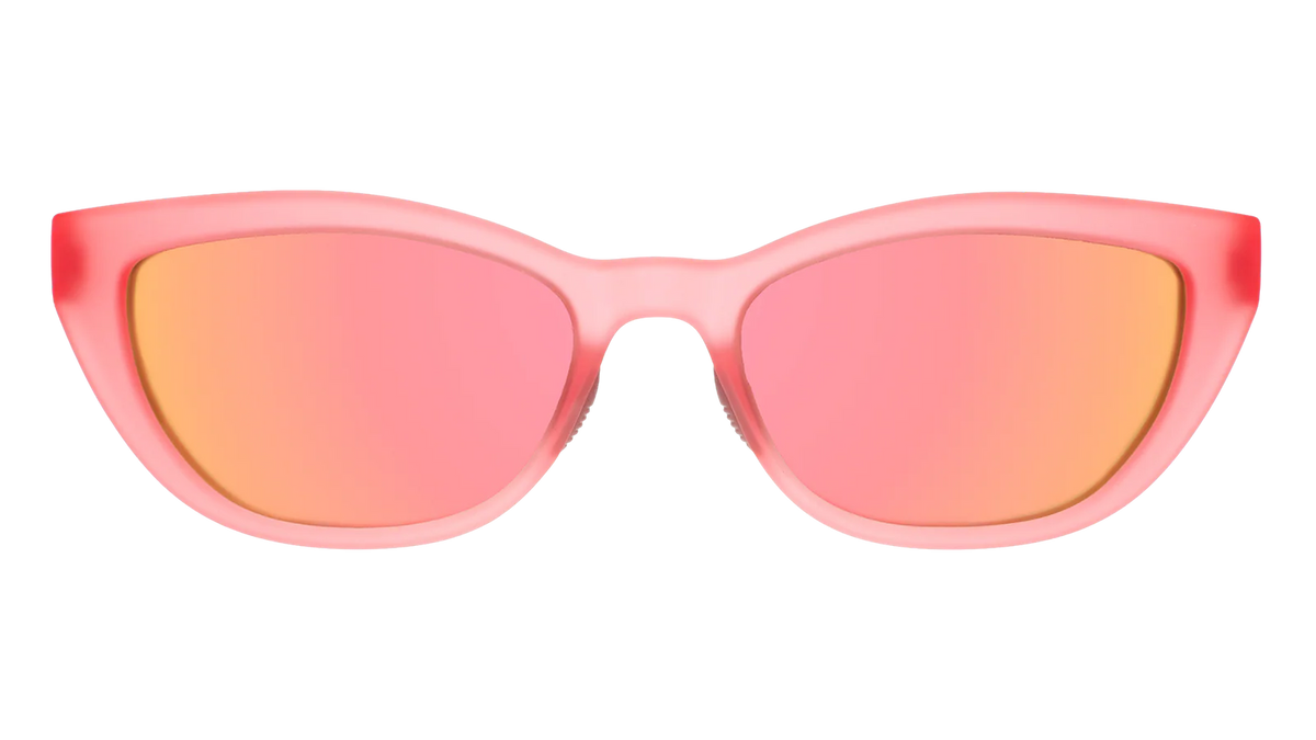 Pink sunglasses with a cat-eye shape. Pink champagne mirrored lenses.