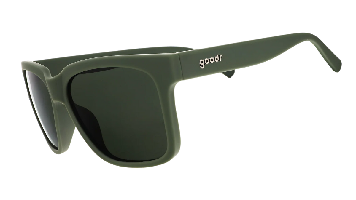 Dark green polarised sunglasses with non-reflective lenses. Water repellent and capable of floating.