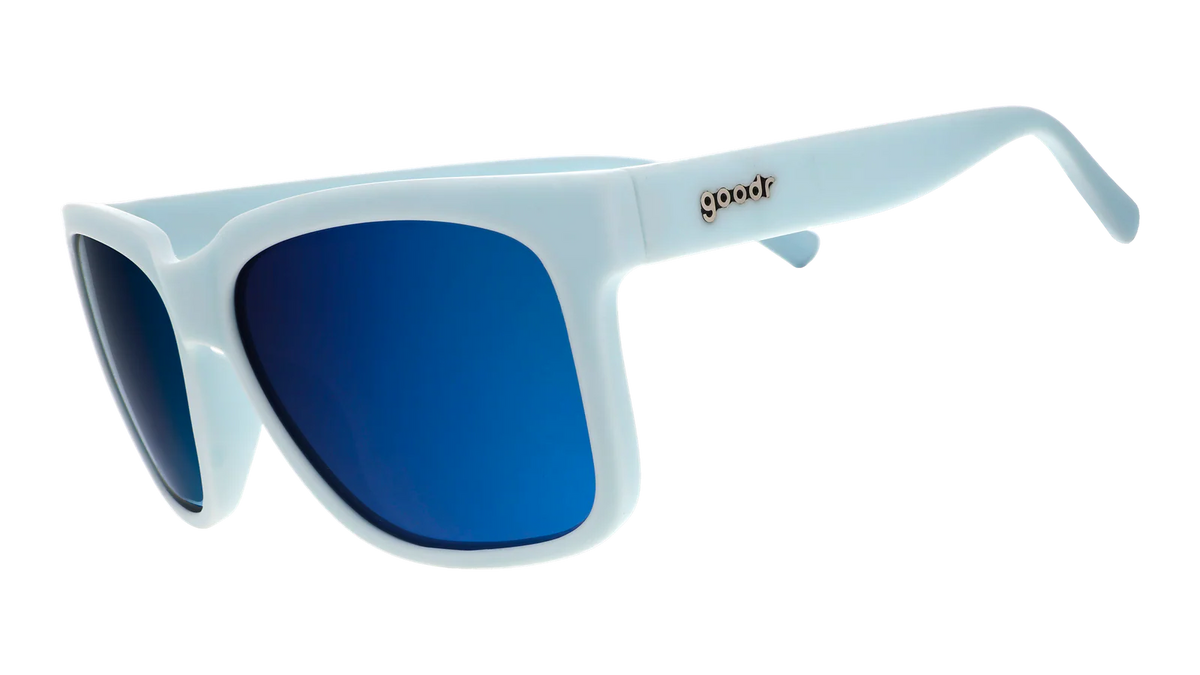 Light blue sunglasses with mirrored reflective lenses. Water repellent and capable of floating.