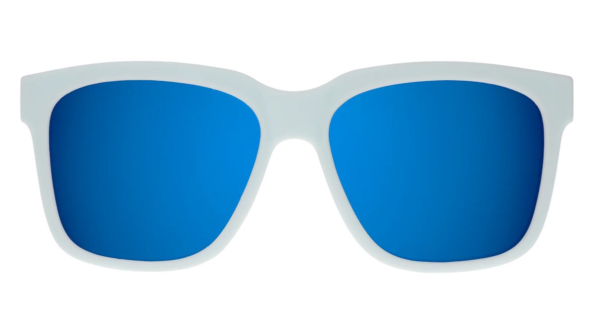 Light blue sunglasses with mirrored reflective lenses. Water repellent and capable of floating.