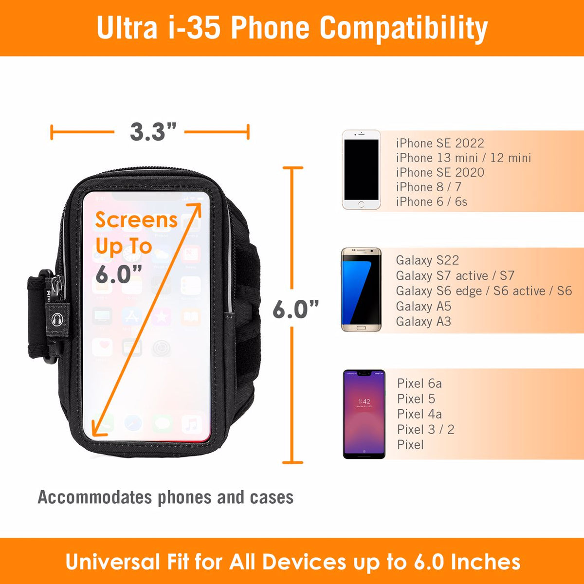 Armpocket Ultra i-35 Smartphone Armband for iPhone 13 mini/12 mini/SE/8, Galaxy S23/S7/S6, Google Pixel 6a &amp; more